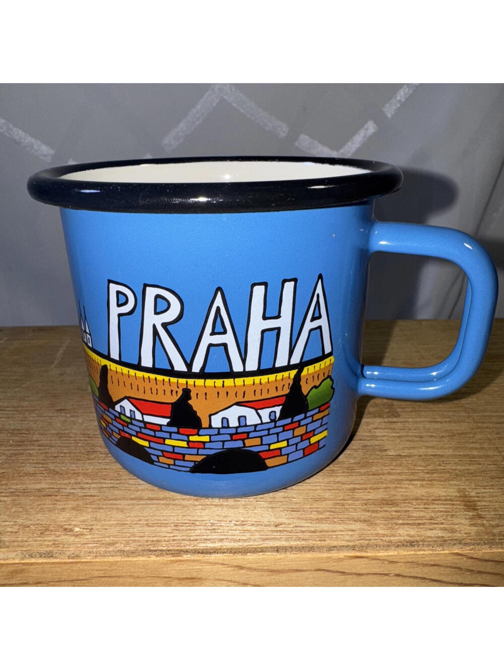 Smaltum Enamelware Blue Mug Colorful Cityscape 6 oz Praha Czech Republic